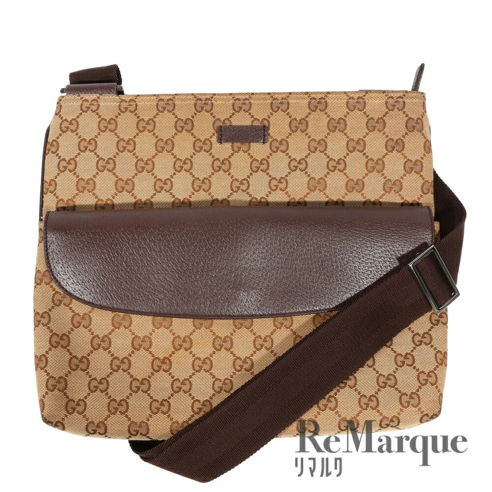 GUCCI GG Canvas Shoulder Bag Beige Brown Leather Crossbody